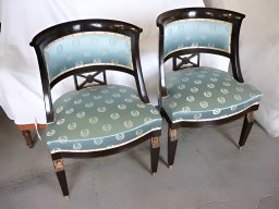 20120307 Tapisserie d'ameublement - Réfection d'une paire de fauteuils style Empire en tissu motif émeraude (Paire_Fauteuil_Empire)